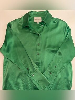100% Silk  Emerald Green Satin Button-Up Shirt